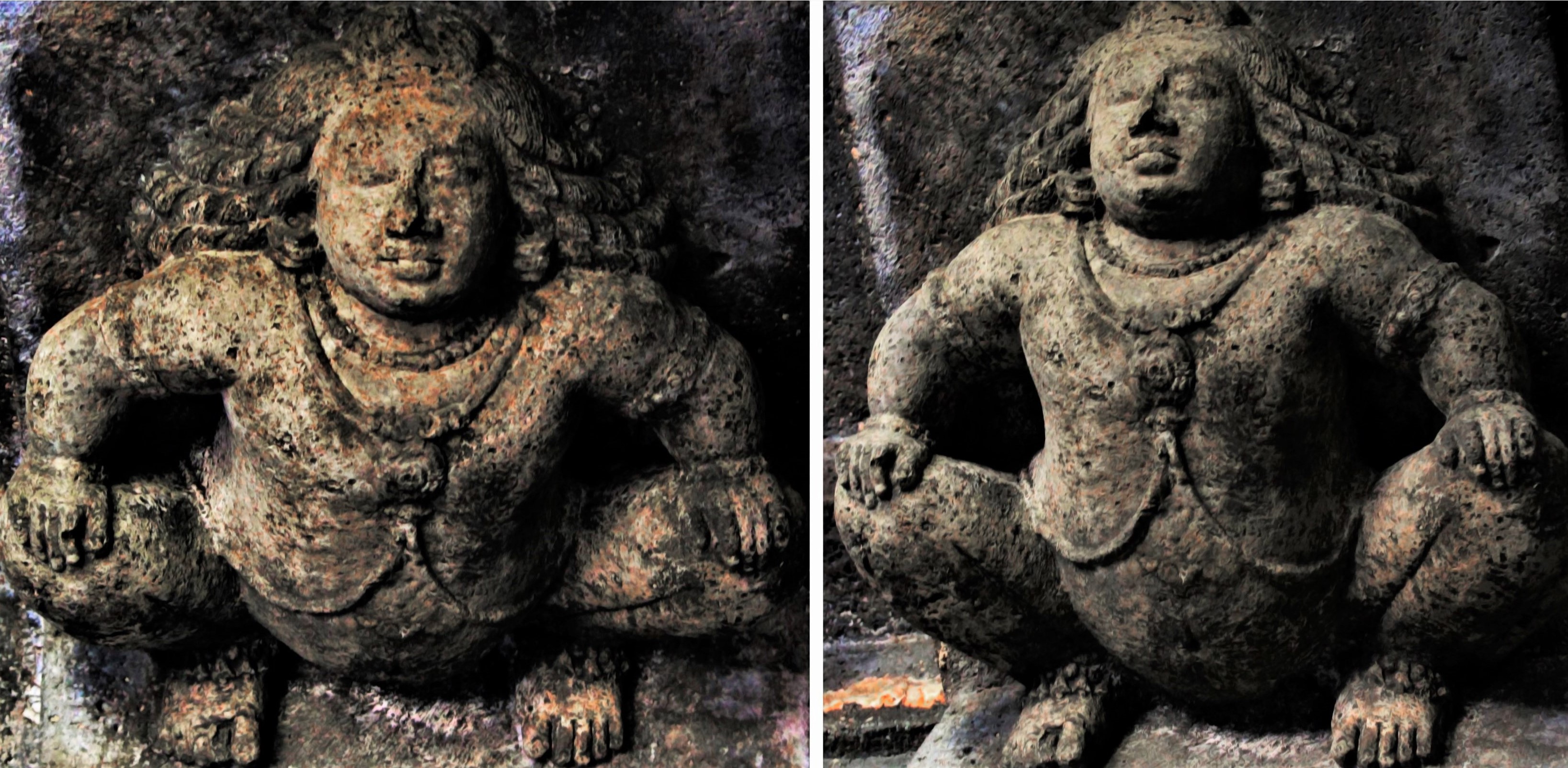 Various Yaksha Figures including Bharvahaka Yakshas. All the sculptures can be seen on the ceiling of Cave 16