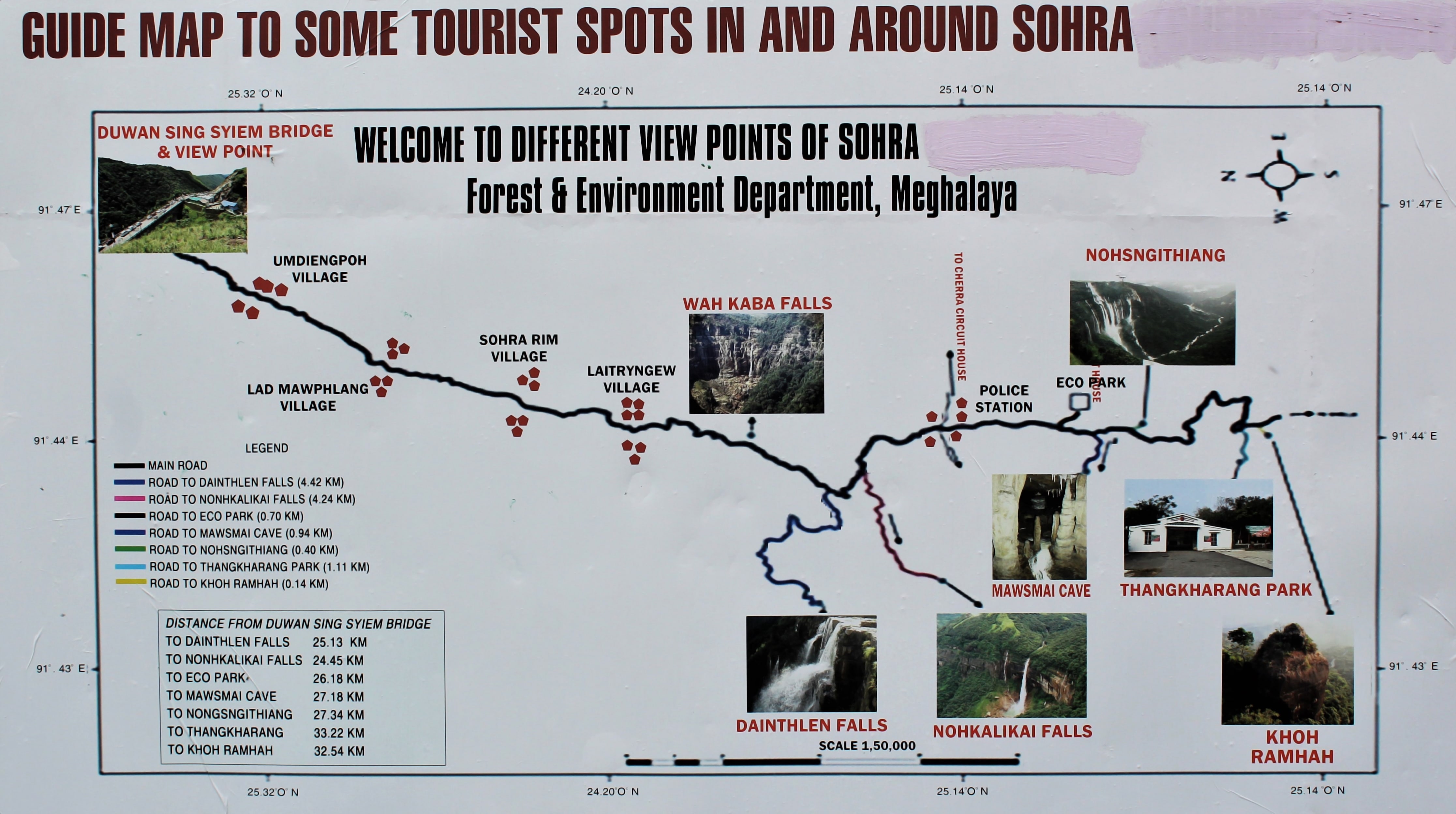 A Map at Duwan Sing Syiem View Point showing key Tourist Spots in Cherrapunji