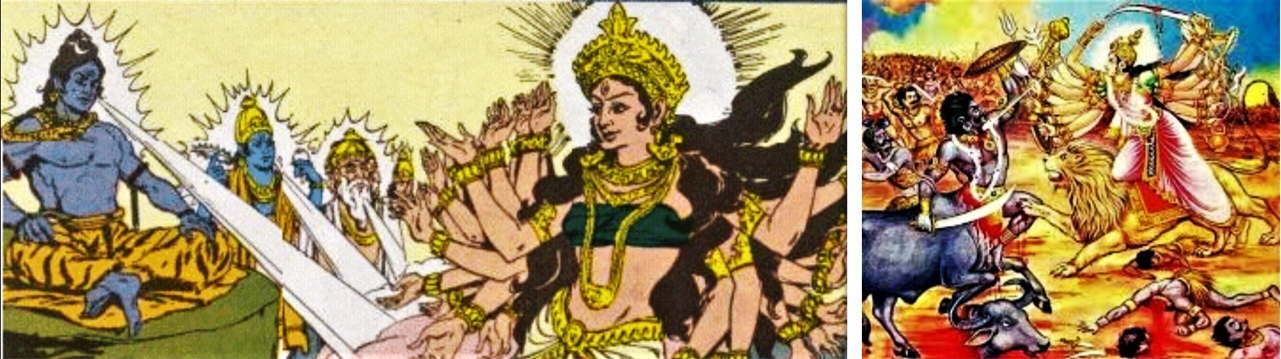 Left: Emergence of Goddess Durga, Right: Goddess Durga in a fierce battle with Mahishasura | PC - ritsin.com
