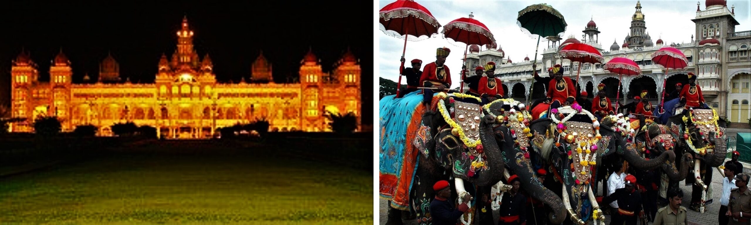 Left: Mysore Palace illuminated during Dussehra | PC - Wikipedia, Right: Procession of Elephants | PC - travelogyindia.com