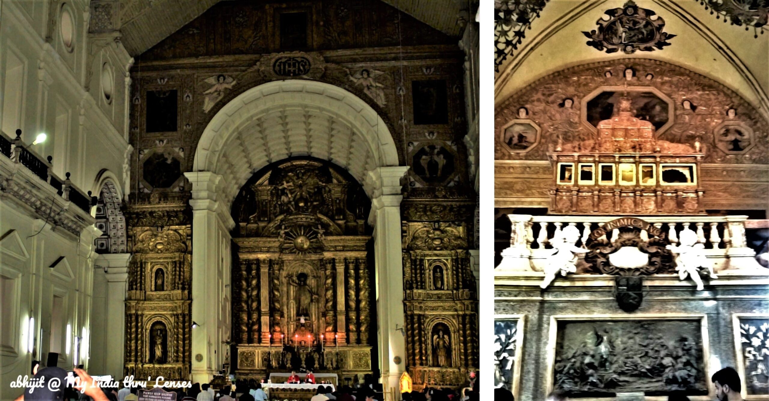 Left: Interiors of the Basilica of Bom Jesus | Right: The mummified body of St. Francis Xavier kept in a glass coffin within a silver casket on the top of a chapel 