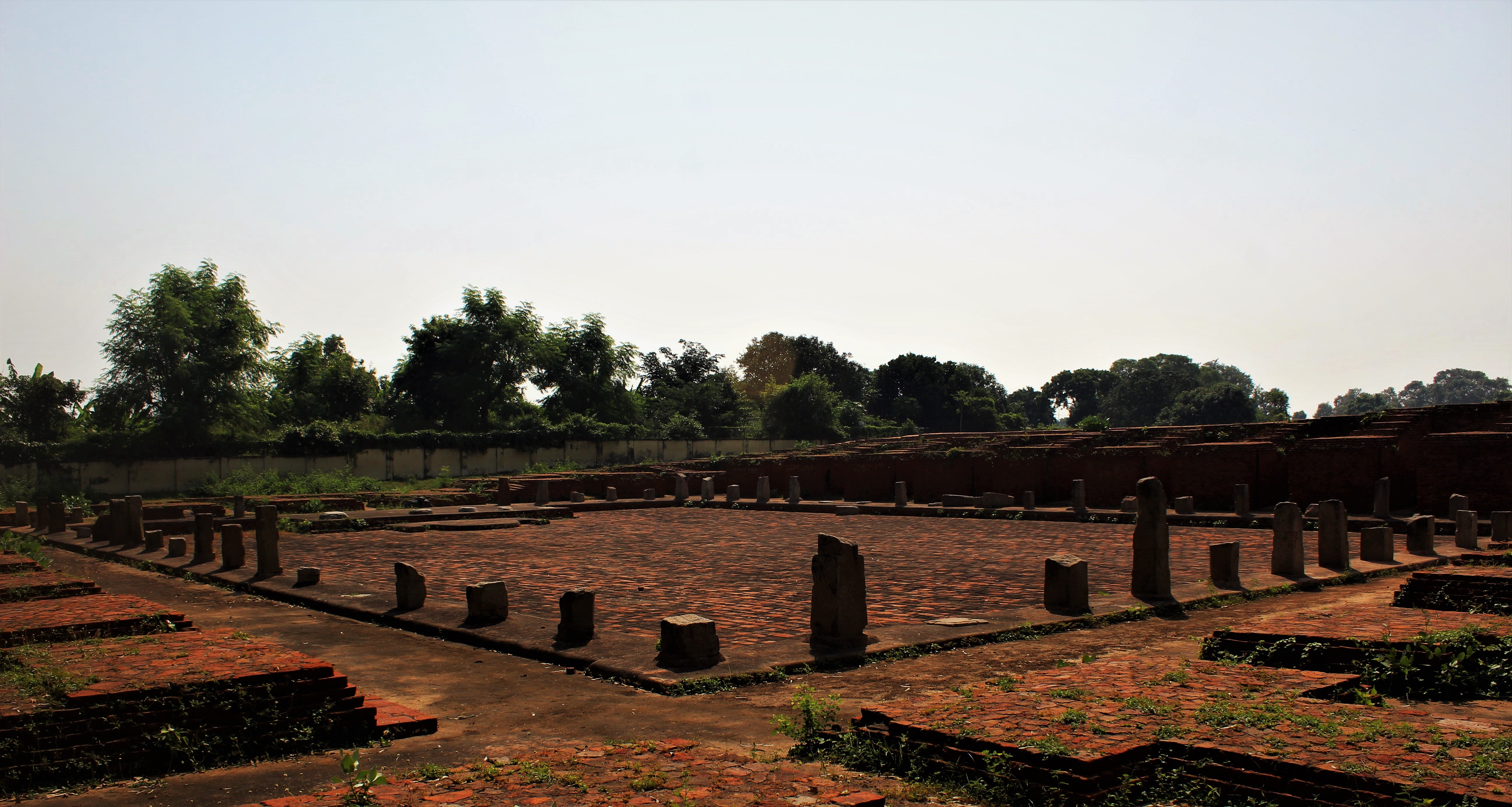 [ All the monasteries had similar features like central court, pillared verandah all around, rooms, provision for skylight, staircase and place for shrine. The fragments of stone pillars of its verandah still standing at their original position ]