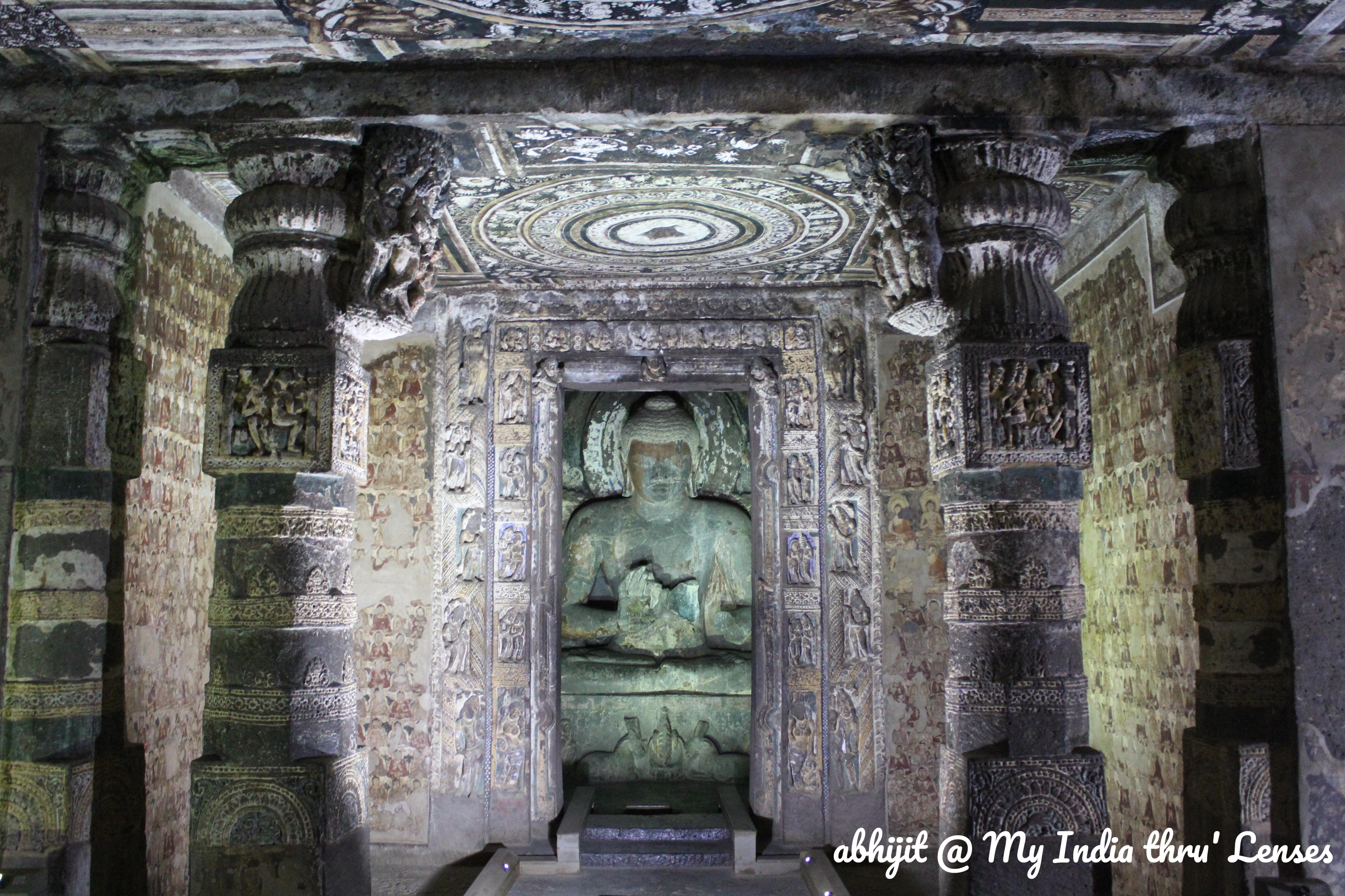 Sculpture of Buddha in preaching mode inside Garva-griha (Cave 2)