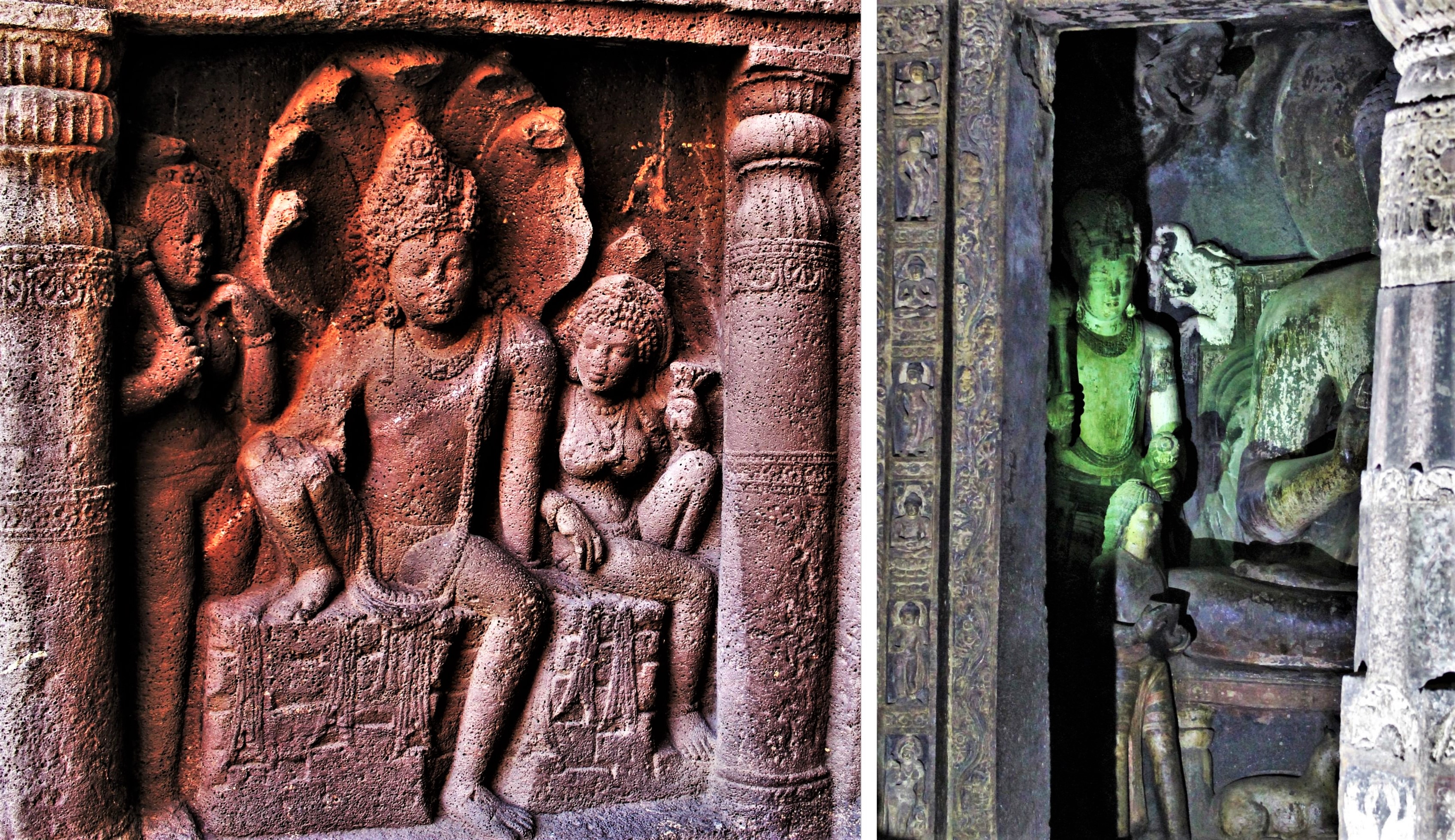 Left: Sculpture of Nagaraja and his wife; Right: Sculpture of Buddha offering begging bowl to his son Rahula (Cave 19)