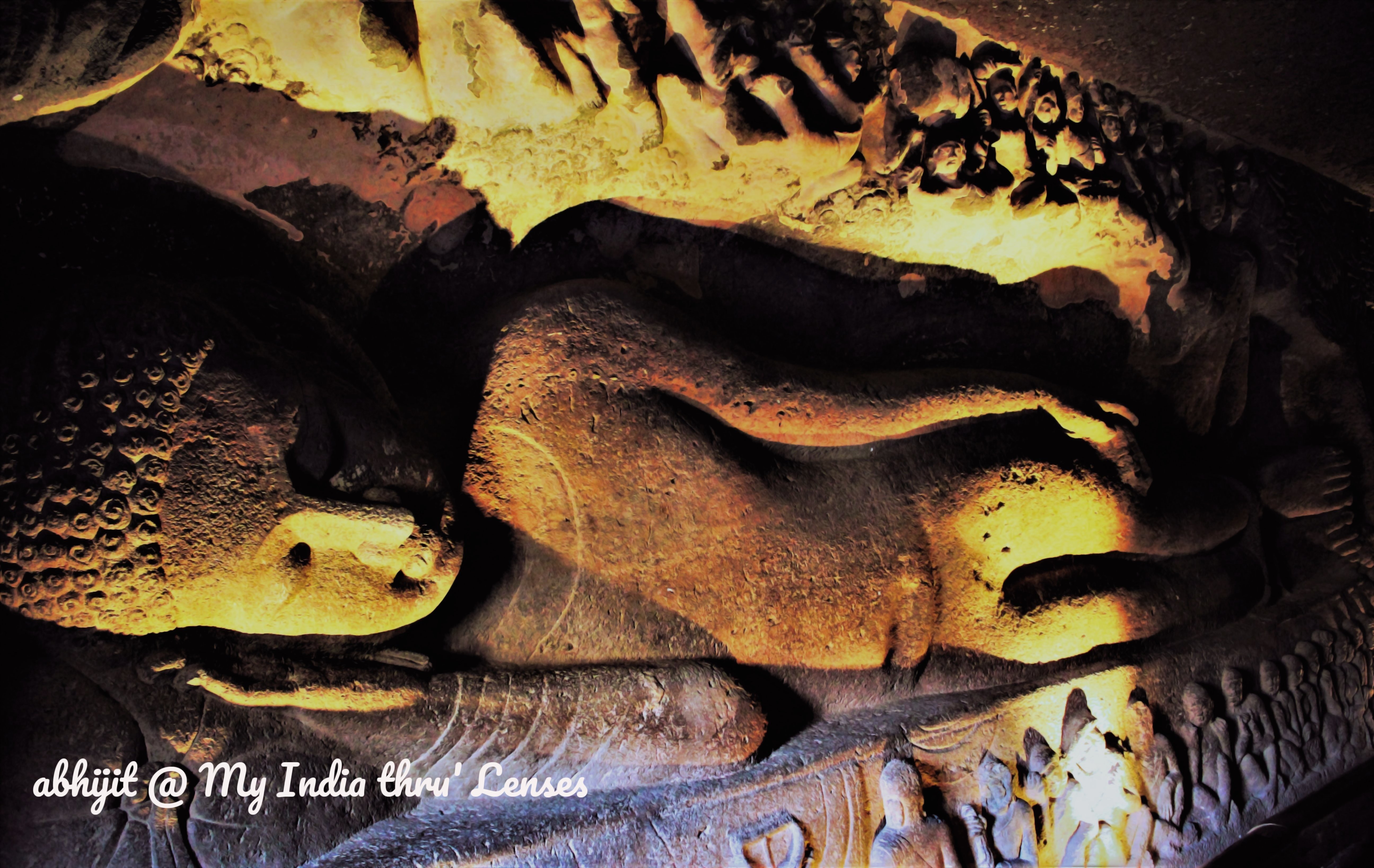 Famous sculpture of Mahaparinirvana of Buddha on the left wall of Cave 26