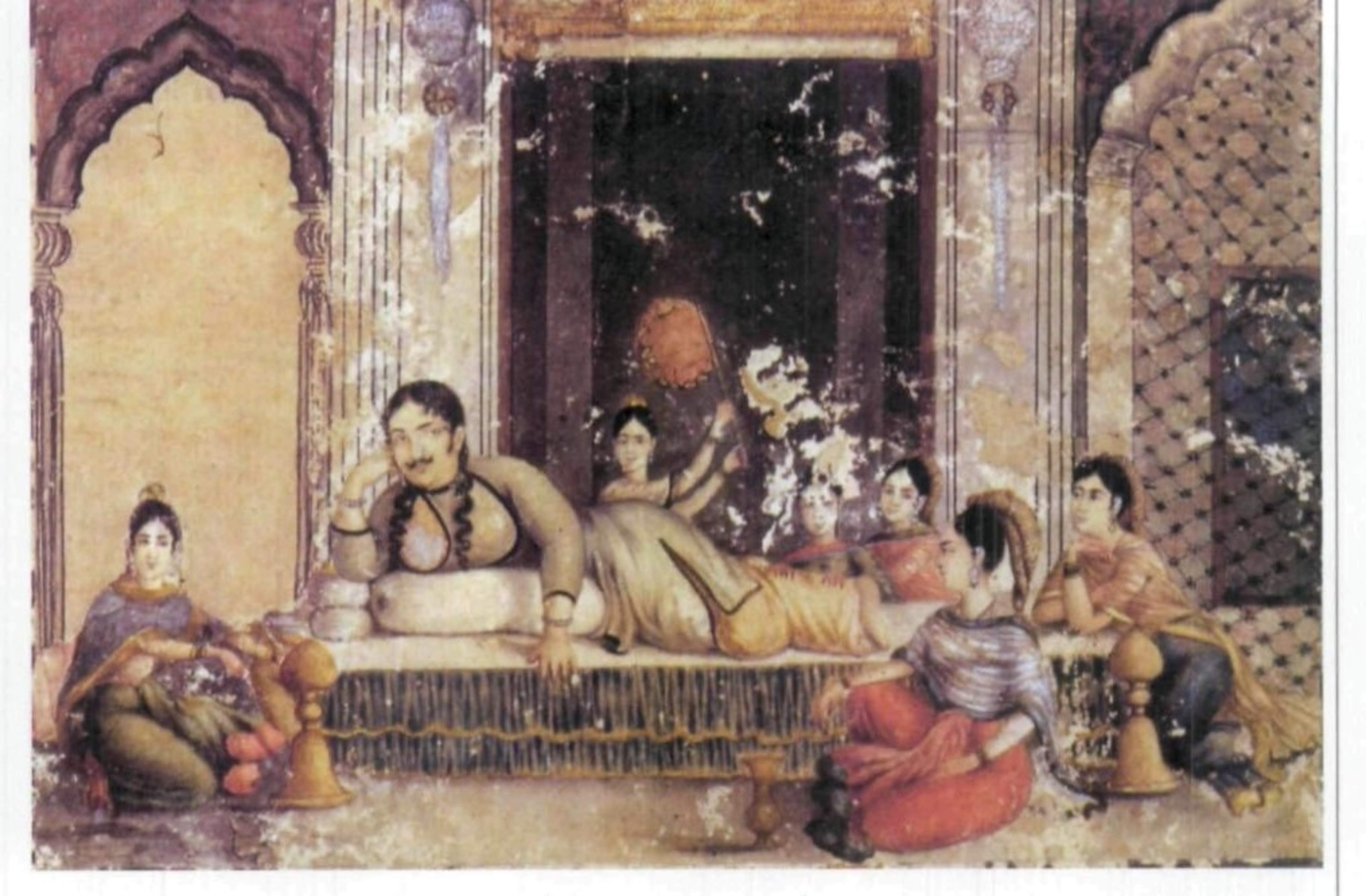 Nawab Wajid Ali Shah in the 'Fairy House', a sort of harem for girls who caught his eye, guarded by African women. c. 1800. (Rosie Llewellyn-Jones, Pinterest)
