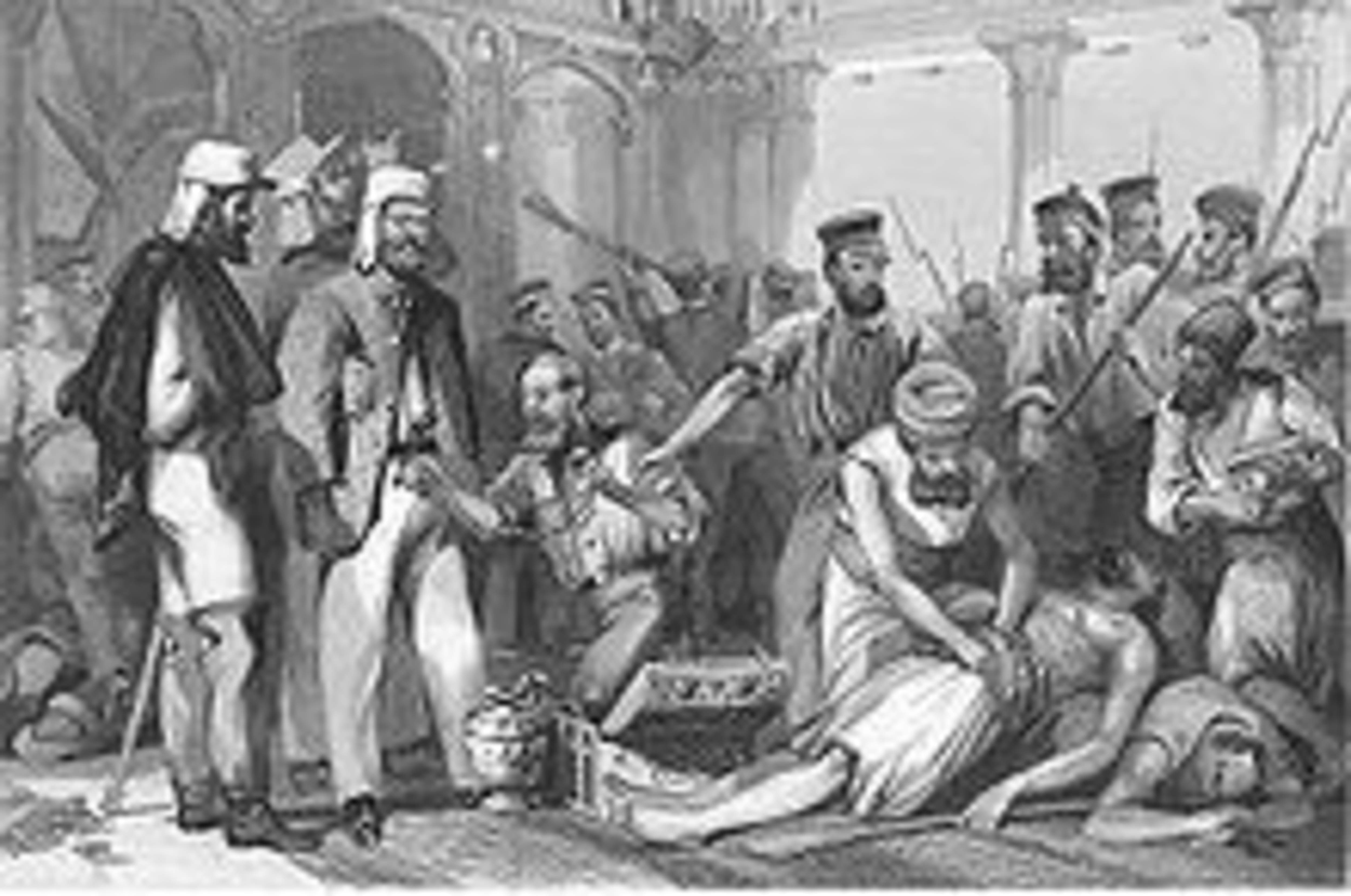 British soldiers looting Kaiser Bagh after its recapture, steel engraving, late 1850s (wikipedia)