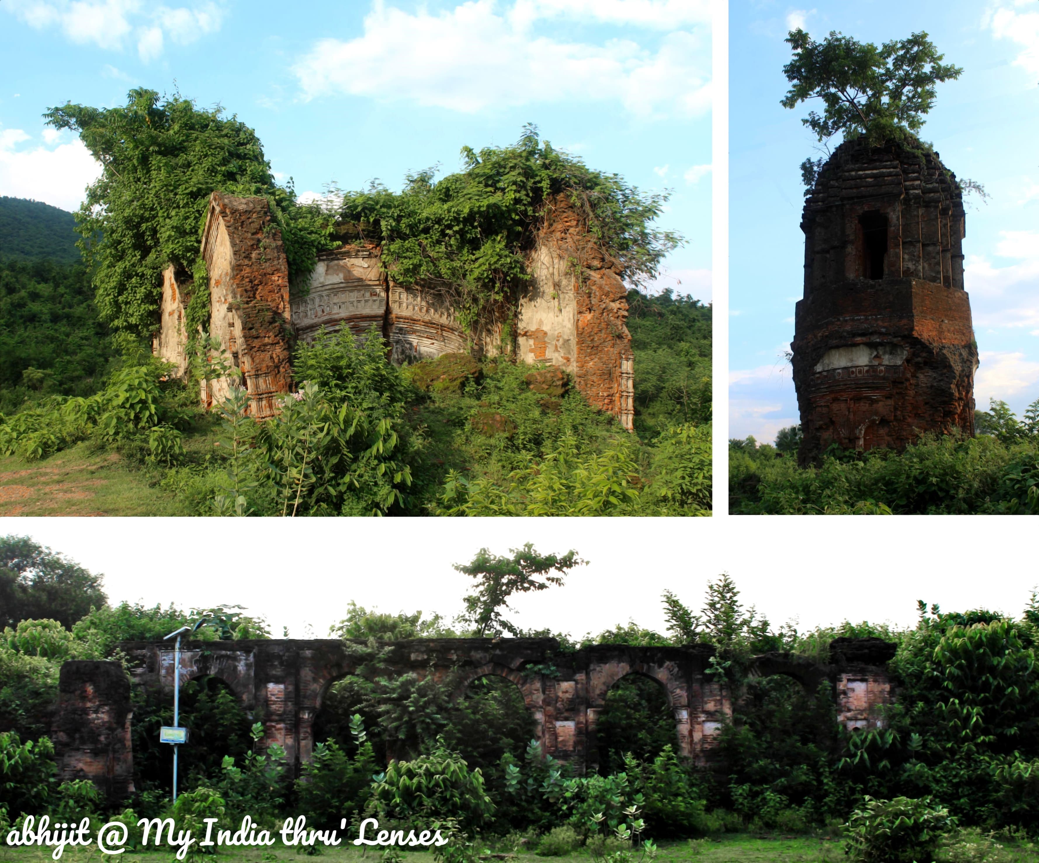 Ruins of the Fort. Top Left: A completely destroyed Temple. Top Right: A Watch Tower. Bottom: Palace Walls